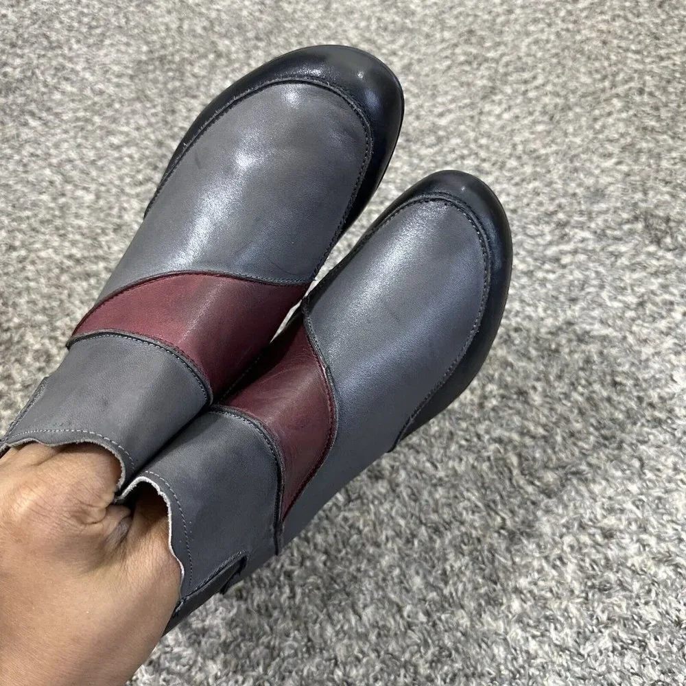Aetrex Samantha Leather Ankle Boots Patchwork Gray Black Red Zip 8.5 NEW READ